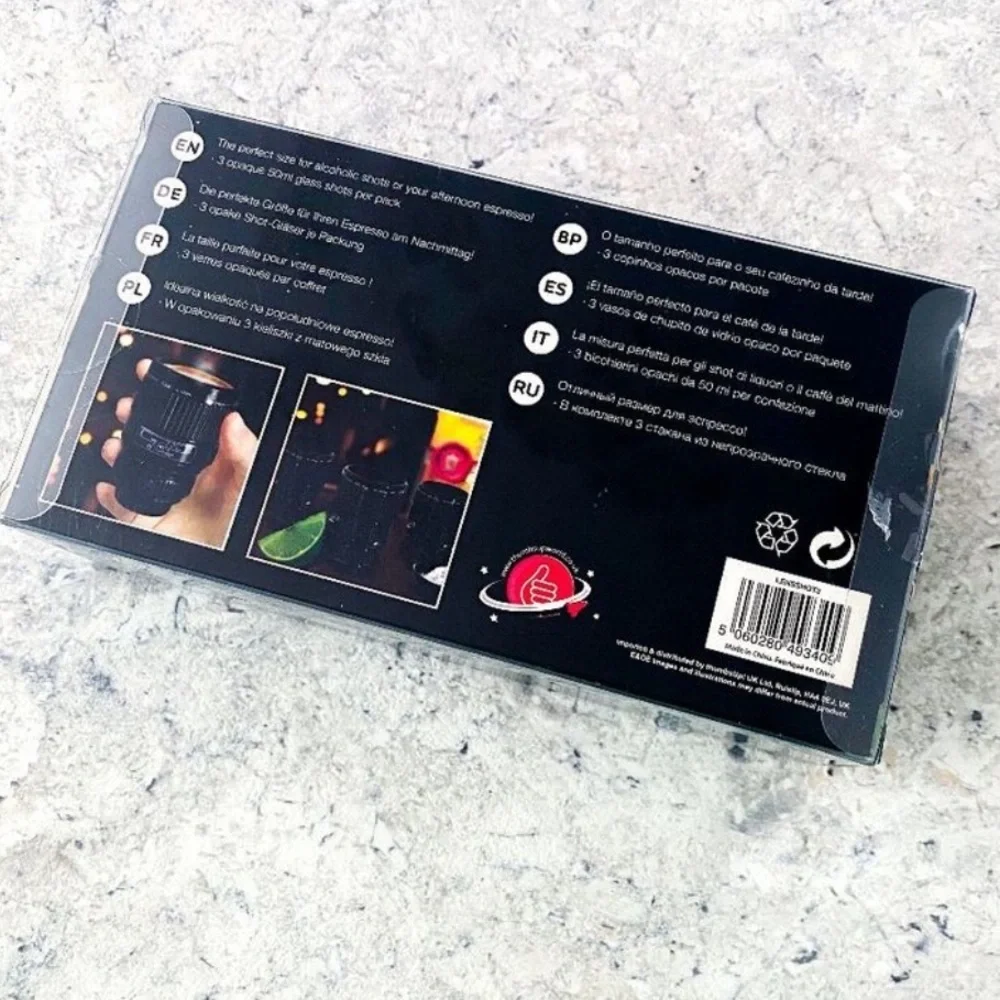 NIB Thumbs Up Camera Lens Shot Glass Set of 3 Home Decor Photographer Gift